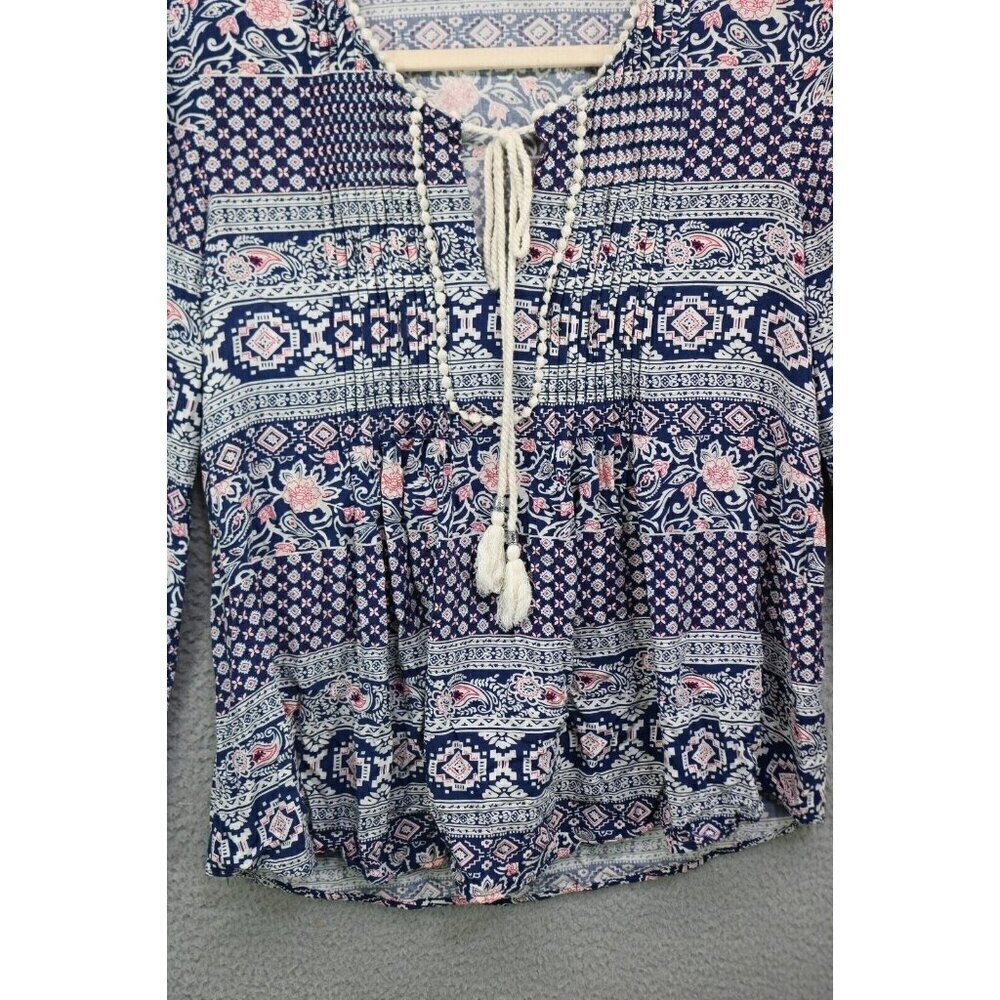 Daniel‎ Rainn Long Sleeve Crochet Trim Keyhole Tassels Top-Small-Cottagecore